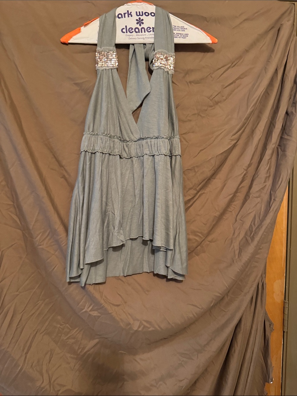 Sequin-Shoulder Halter Swing Dress in Light Gray